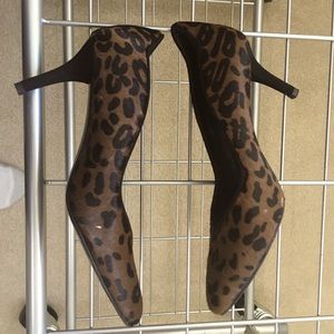 Stuart Weitzman Calf Fur Leopard Print Pointed Pumps